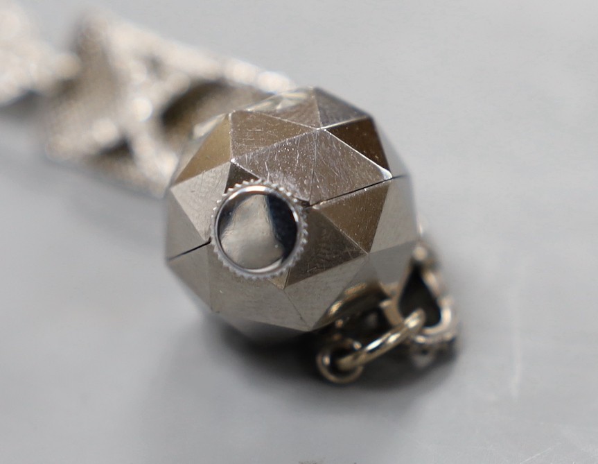 A 1920's mesh white metal and rose cut diamond chip set suspension brooch, with arrow head and quiver terminals, now hung with a later steel? Uti fob watch.